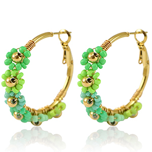 Stainless steel earrings creole flower 35mm Gold-Green