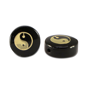 Glass beads rondelle Yin & Yang Black-Gold