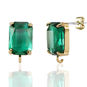 Crystal Glass earrings / earpins with loop rectangle Green-Gold