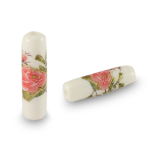 Glass beads tube flower White-Rose Red