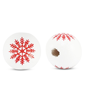 Wooden beads round 16mm snowflake White-Red