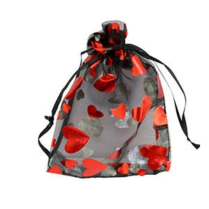 Jewellery Organza Bag 9x12cm heart Black-red