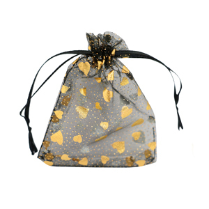 Jewellery Organza Bag 7x9cm heart Black-gold