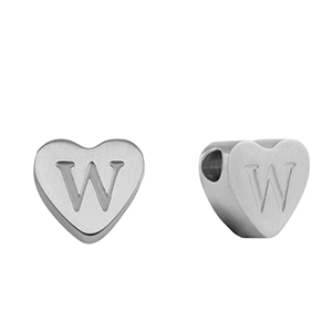 Stainless steel beads heart letter W Silver