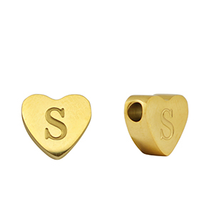 Stainless steel beads heart letter S Gold