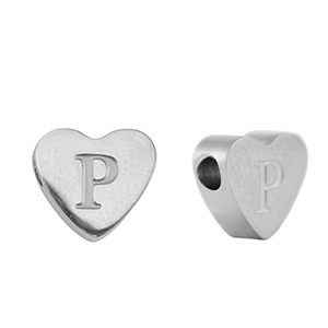 Stainless steel beads heart letter P Silver