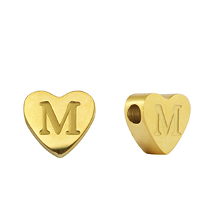 Stainless steel beads heart letter M Gold