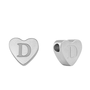Stainless steel beads heart letter D Silver