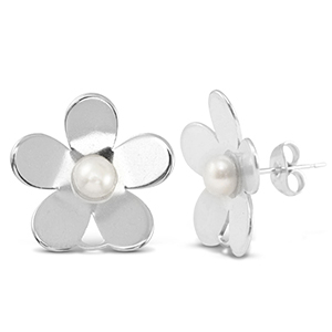 Stainless steel earrings / earpins pearls flower with loop Silver