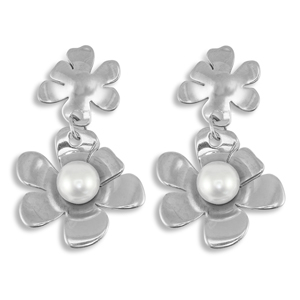 Stainless steel earrings / earpins flower with imitation pearls Silver