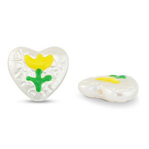 Acrylic beads heart with flower Pearl-Yellow-Green