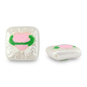Acrylic beads square with heart Pearl-Light Pink-Green