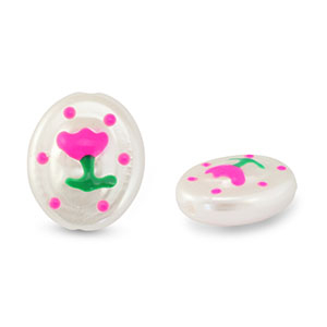 Acrylic beads oval with flower Pearl-Pink-Green