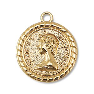 Metal charms round with Queen Elisabeth Gold
