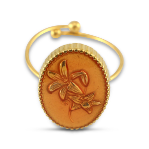 Stainless steel rings enamel oval with flower Gold-Salmon Pink