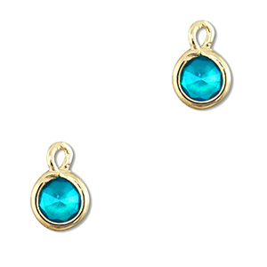 Crystal glass charms round Aquamarine Blue-Gold