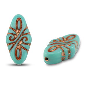 Czech Beads arabesque 19x9mm Turquoise Green-Copper