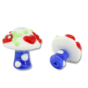 Hand-painted glass beads mushroom Blue-White-Red