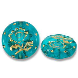 Acrylic beads round with flower Teal Blue-Gold