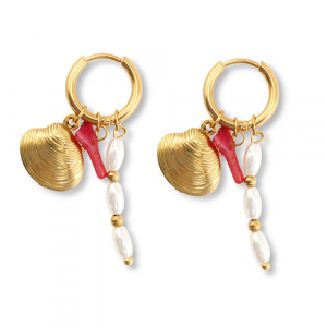 Stainless steel earrings shell Gold-Red-White