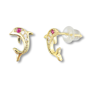 Brass TQ metal earrings / earpins dolphin Gold-Dark Pink