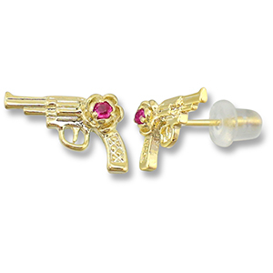 Brass TQ metal earrings / earpins revolver Gold-Dark Pink