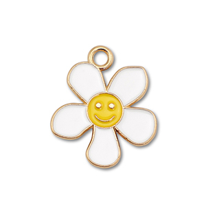 Metal charms enamel flower with smiley Gold-White-Yellow