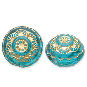 Acrylic beads round with flower Teal Blue-Gold