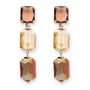 Crystal glass earrings / earpins rectangle Bordeaux-Amber Orange-Dark Mauve Pink AB Coating