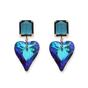 Crystal glass earrings / earpins rectangle-heart Petrol Blue-Multicolor Blue AB Coating