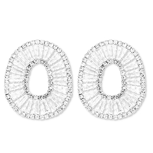 Eco-brass&reg; metal earrings / earpins with zirconia oval Silver-Crystal