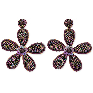 Trendy earrings / earpin with glass beads flower Aubergine