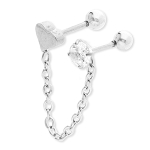 Stainless steel ear piercing heart with chain & strass Silver-Crystal