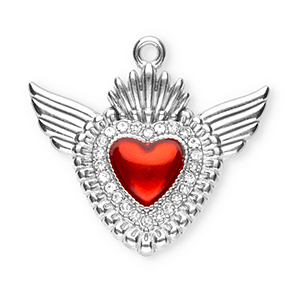 Stainless steel charms sacred heart with wings Silver-Red-Crystal