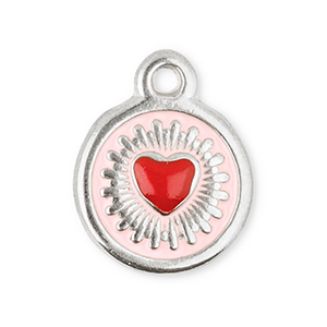 Stainless steel charms round with heart Silver-Red-Light Pink