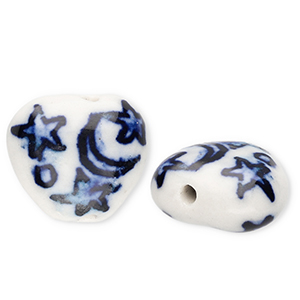 Beads ceramic heart with moon and stars Off White-Delft Blue
