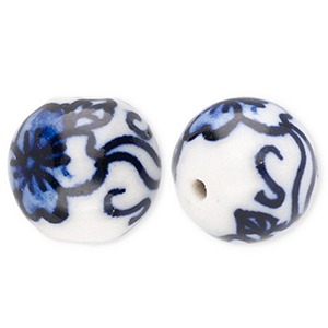 Beads ceramic 12mm with flower Off White-Delft Blue