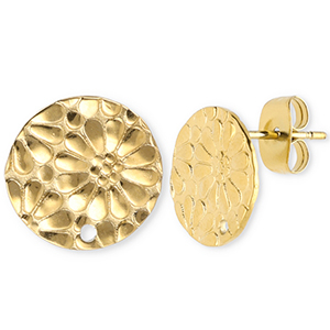 Stainless steel findings earrings / earpin round with flower with loop Gold