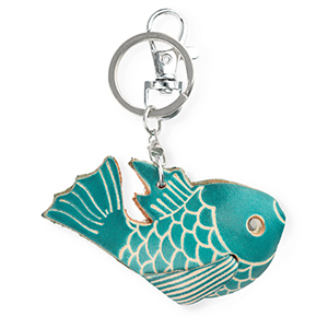 Leather keychain fish Dark Cyan Blue-Sand Beige