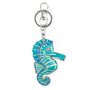 Leather keychain seahorse Dark Cyan Blue-Sand Beige