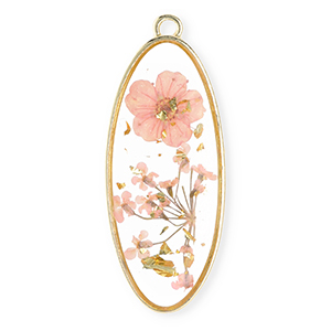 Charms with dried flowers oblong oval Gold-Light Pink