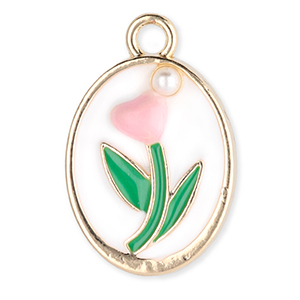 Metal charms oval with tulip with pearl Gold-White-Green-Light Pink