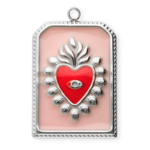 Stainless steel charms rectangle with heart Silver-Vintage Pink-Red