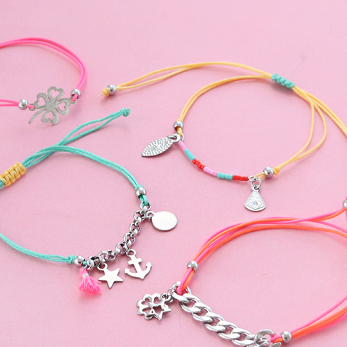 Bracelets of coloured cord with cute summery charms of stainless steel