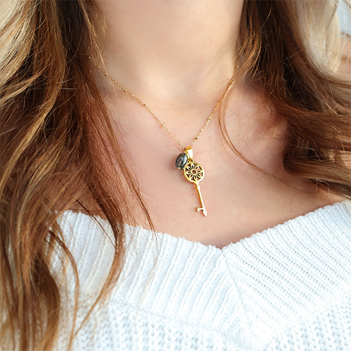 Design earrings and necklaces with key charms