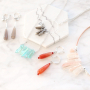 Earrings and necklaces with drop shaped natural stone beads and aura quartz crystal