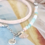 Beautiful semi-precious stone bracelets in soft colours mixed with wooden beads, cork, tassels and DQ metal charms.