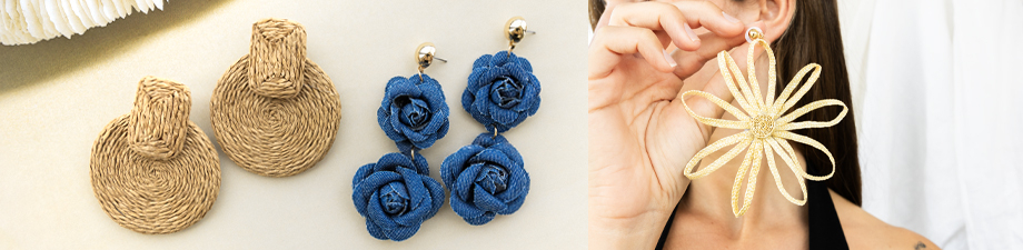 Statement raffia and denim earrings